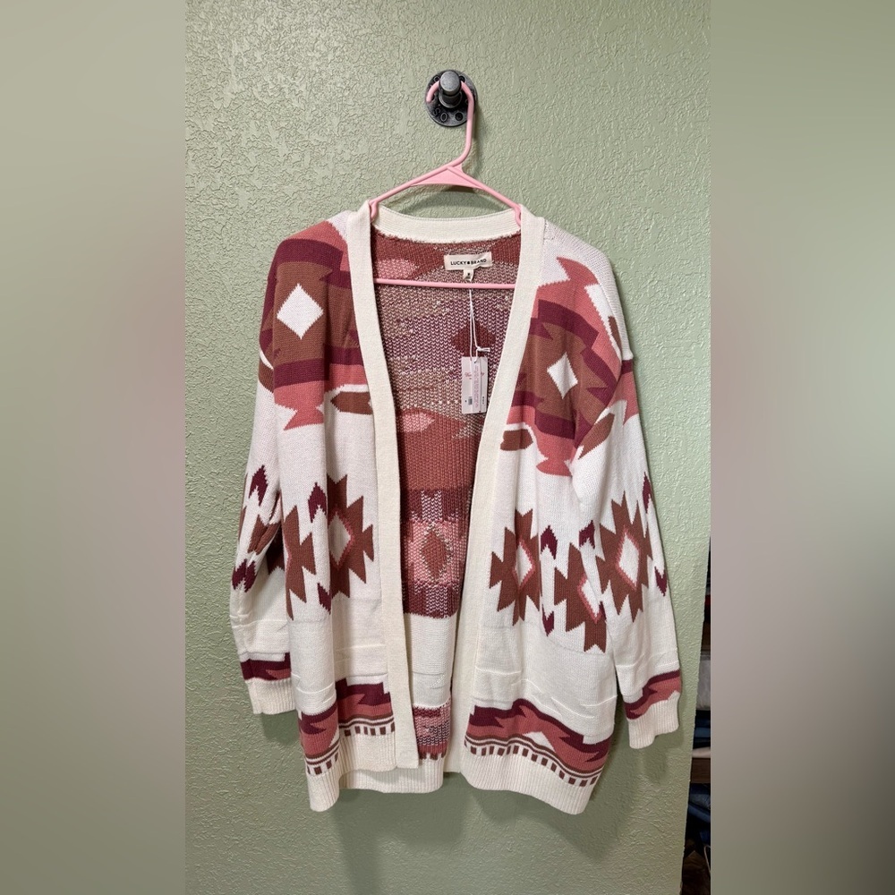 Lucky Brand Women's Cream and Brown Geometric Cardigan Size M